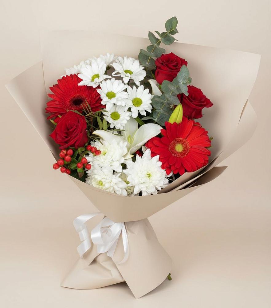 Букет цветов из: Розы, Хризантемы, Герберы и Лилии в Юбилейном Курской области