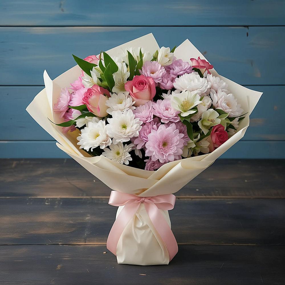 Букет цветов из: Хризантемы, Альстромерии и Розы в Юбилейном Курской области